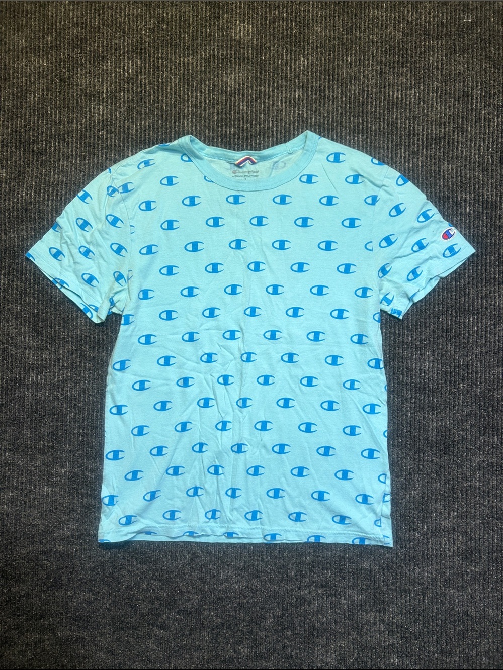 Champion Light Blue Tee with All-Over Blue Logos
